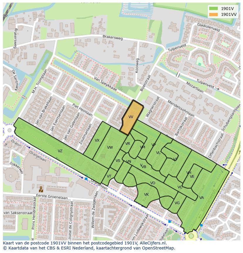 Afbeelding van het postcodegebied 1901 VV op de kaart.