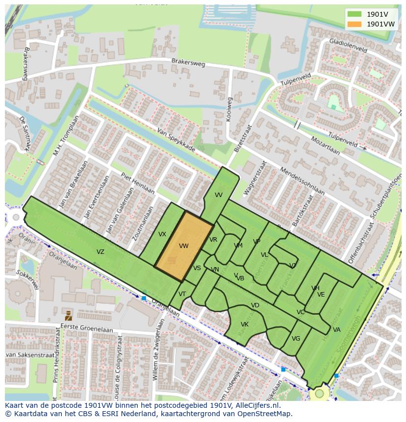 Afbeelding van het postcodegebied 1901 VW op de kaart.