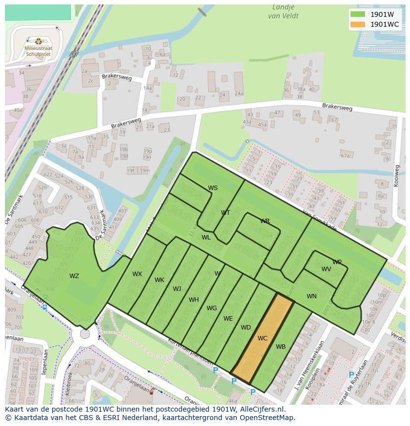 Afbeelding van het postcodegebied 1901 WC op de kaart.
