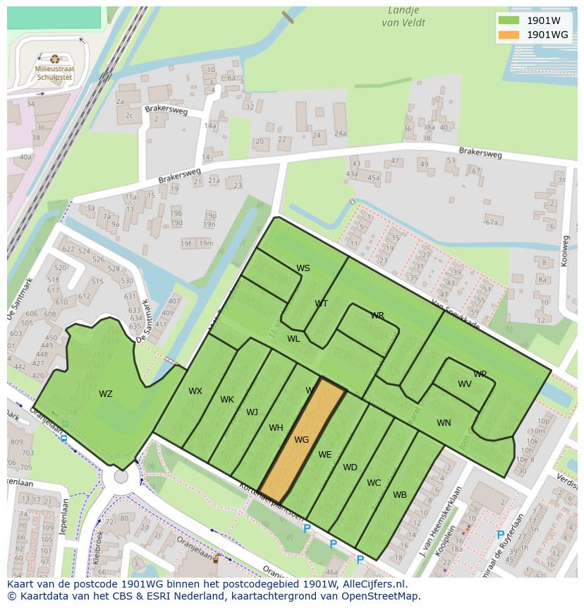 Afbeelding van het postcodegebied 1901 WG op de kaart.