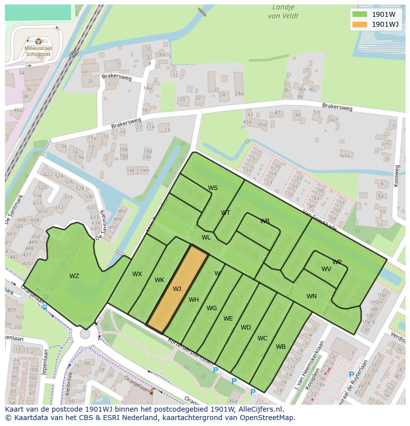 Afbeelding van het postcodegebied 1901 WJ op de kaart.