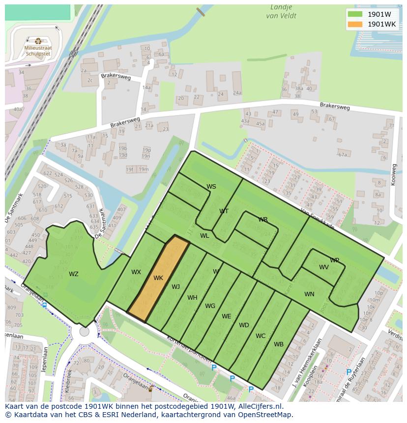 Afbeelding van het postcodegebied 1901 WK op de kaart.