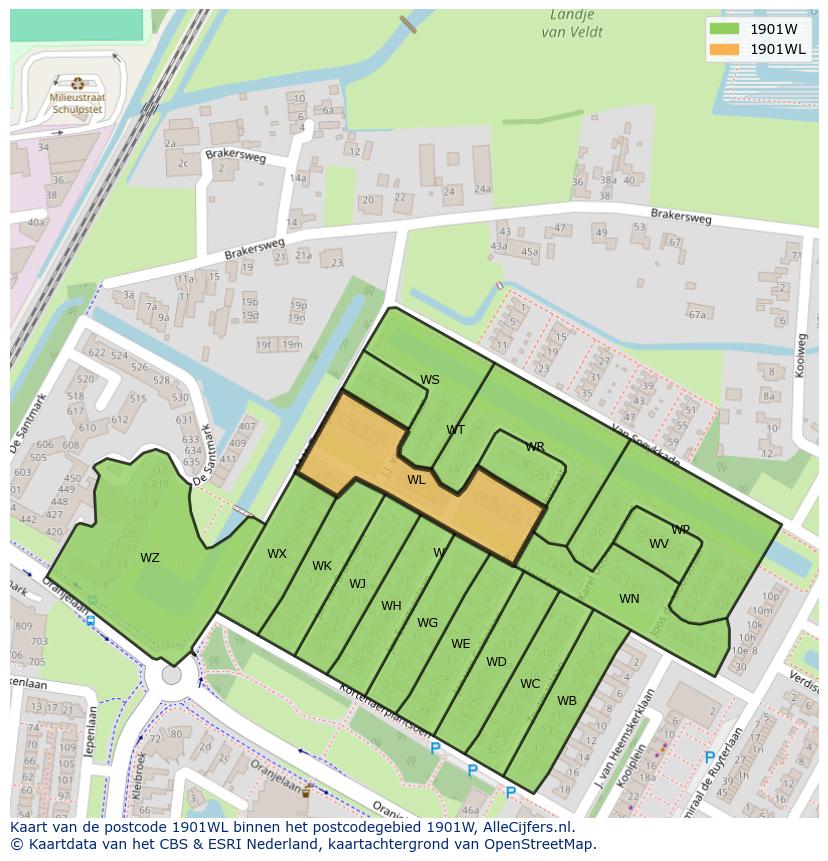 Afbeelding van het postcodegebied 1901 WL op de kaart.