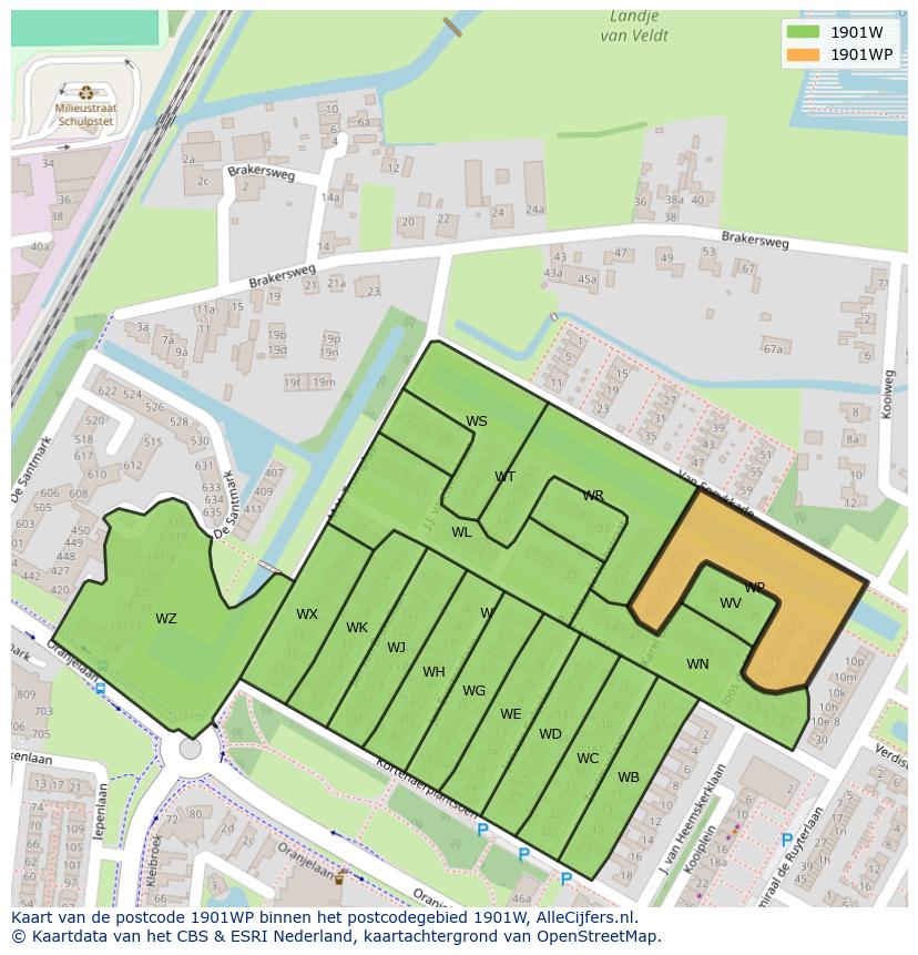 Afbeelding van het postcodegebied 1901 WP op de kaart.