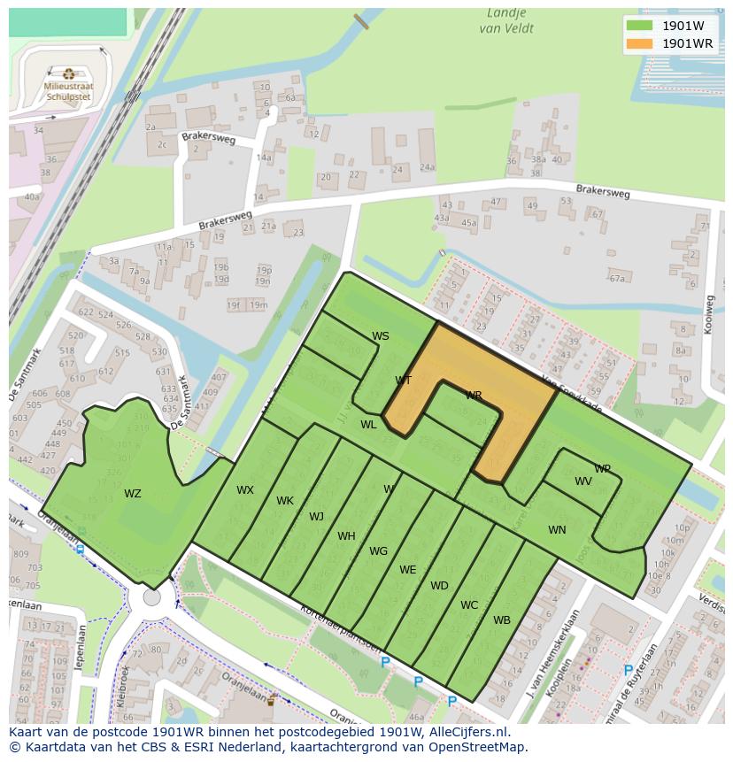 Afbeelding van het postcodegebied 1901 WR op de kaart.
