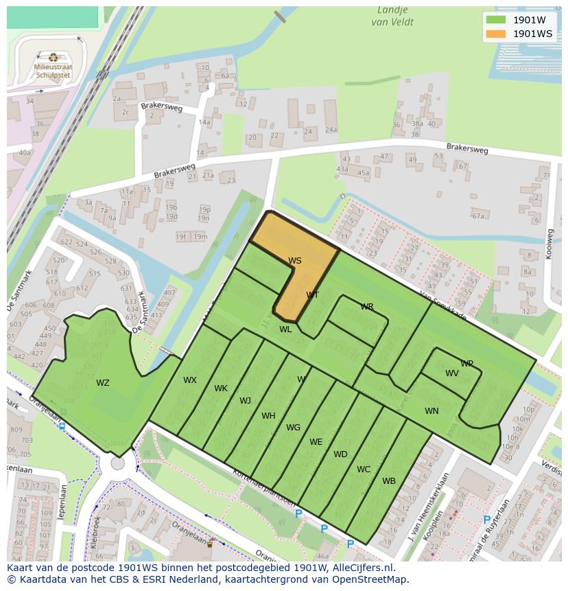 Afbeelding van het postcodegebied 1901 WS op de kaart.