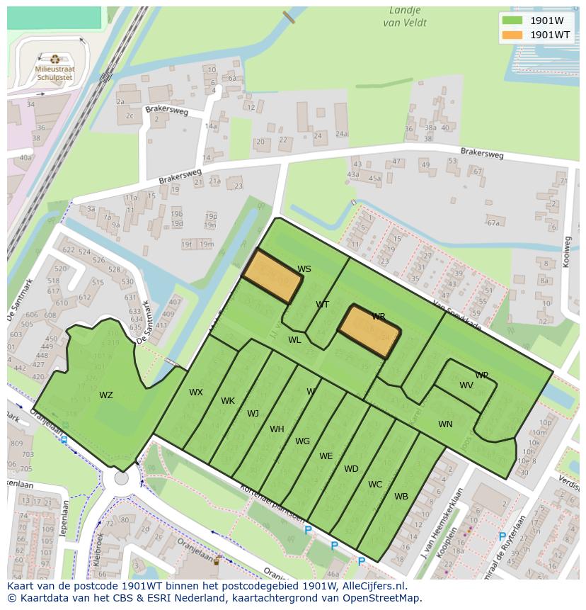 Afbeelding van het postcodegebied 1901 WT op de kaart.