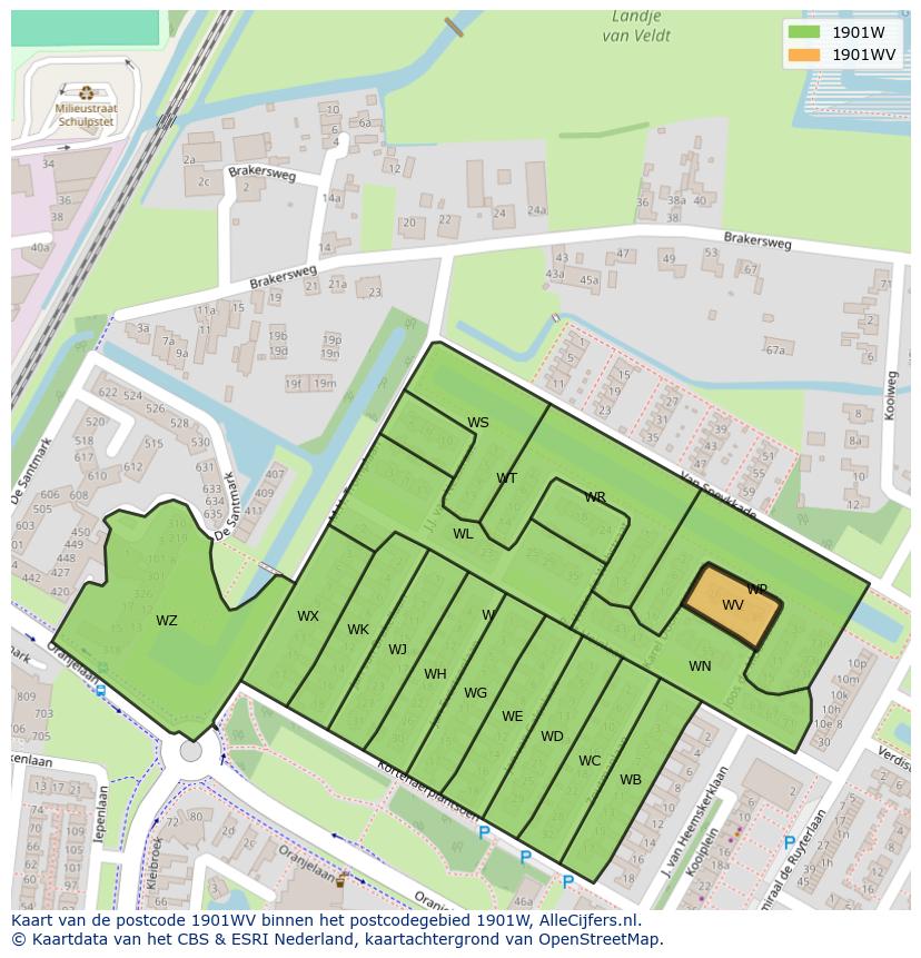 Afbeelding van het postcodegebied 1901 WV op de kaart.