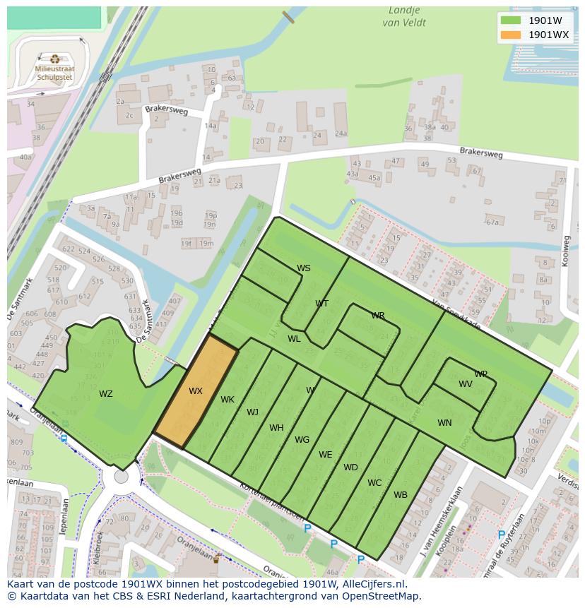 Afbeelding van het postcodegebied 1901 WX op de kaart.