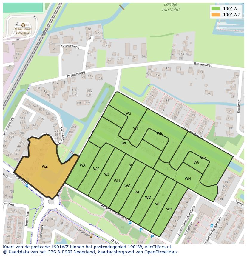 Afbeelding van het postcodegebied 1901 WZ op de kaart.
