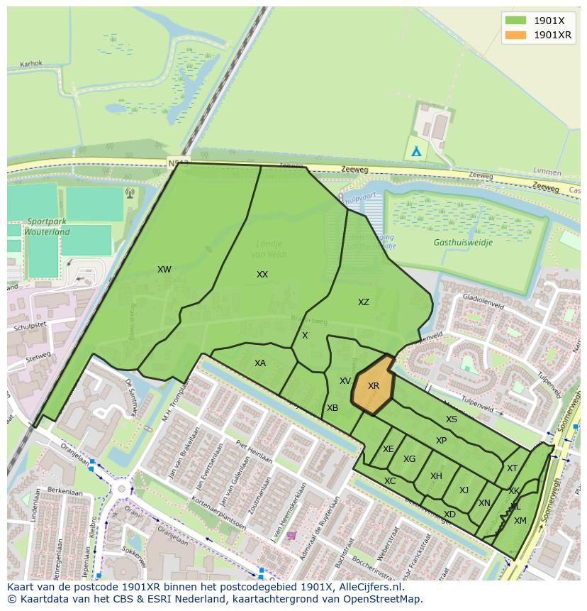 Afbeelding van het postcodegebied 1901 XR op de kaart.