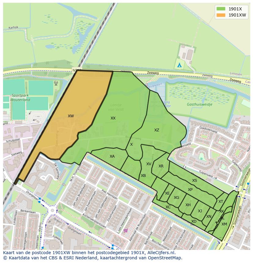 Afbeelding van het postcodegebied 1901 XW op de kaart.