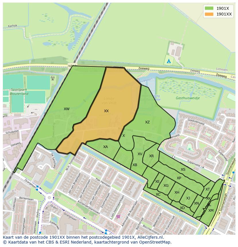 Afbeelding van het postcodegebied 1901 XX op de kaart.