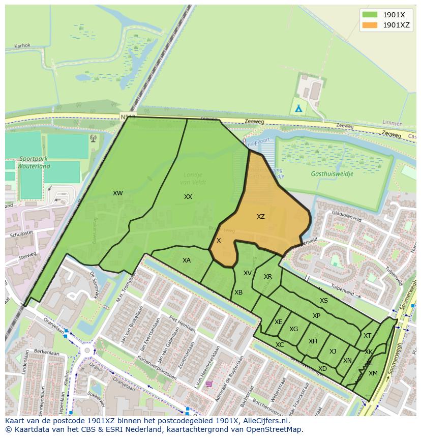 Afbeelding van het postcodegebied 1901 XZ op de kaart.