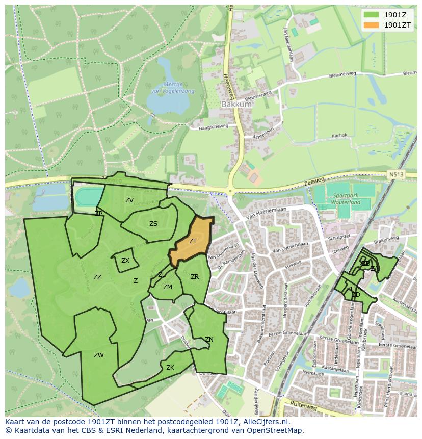 Afbeelding van het postcodegebied 1901 ZT op de kaart.