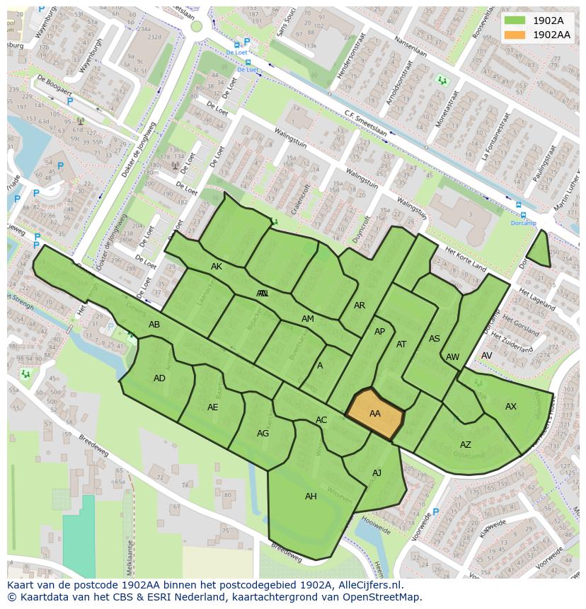 Afbeelding van het postcodegebied 1902 AA op de kaart.