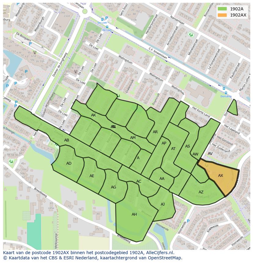 Afbeelding van het postcodegebied 1902 AX op de kaart.