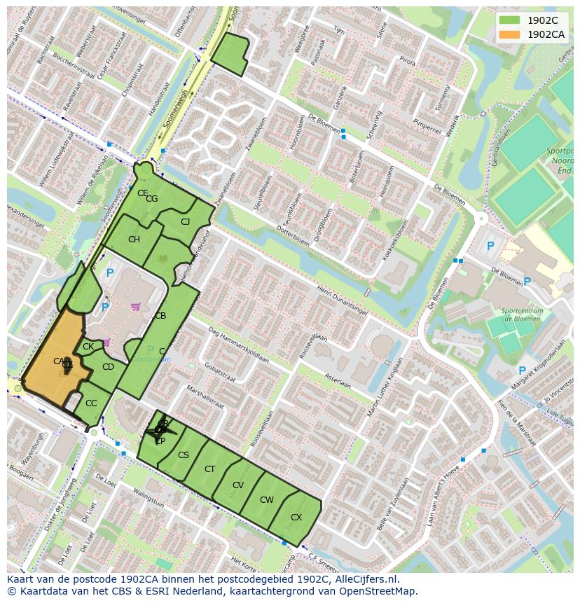 Afbeelding van het postcodegebied 1902 CA op de kaart.
