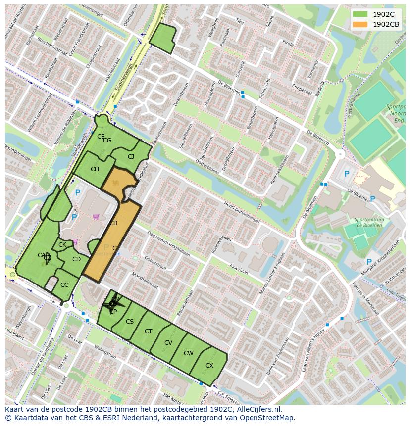 Afbeelding van het postcodegebied 1902 CB op de kaart.