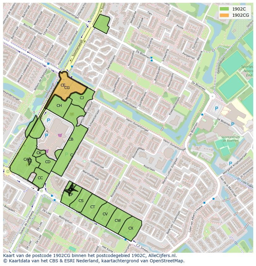 Afbeelding van het postcodegebied 1902 CG op de kaart.