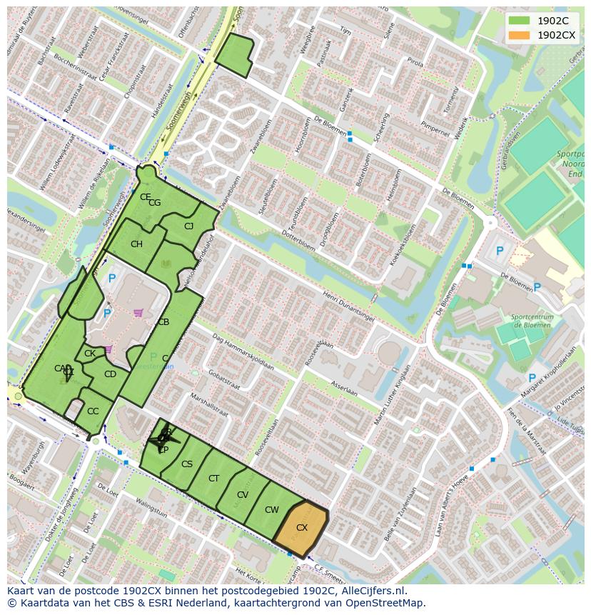Afbeelding van het postcodegebied 1902 CX op de kaart.