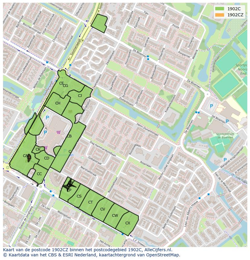 Afbeelding van het postcodegebied 1902 CZ op de kaart.