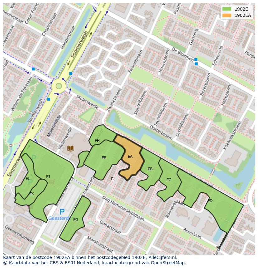 Afbeelding van het postcodegebied 1902 EA op de kaart.