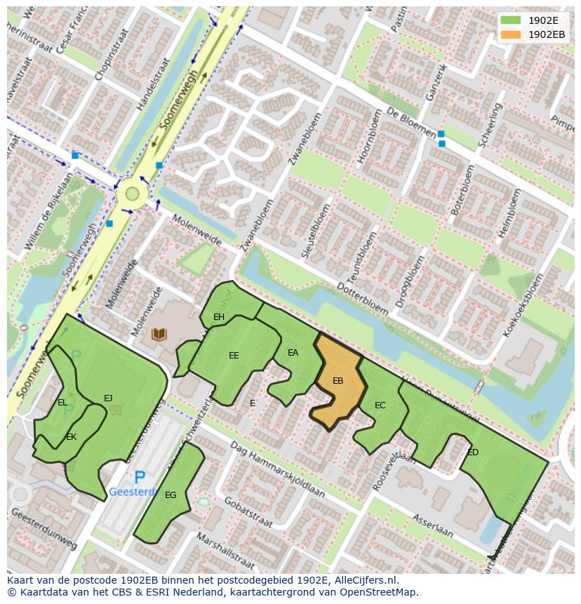 Afbeelding van het postcodegebied 1902 EB op de kaart.