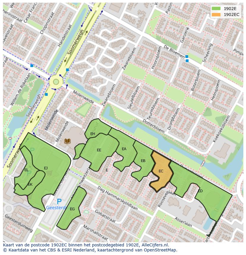 Afbeelding van het postcodegebied 1902 EC op de kaart.
