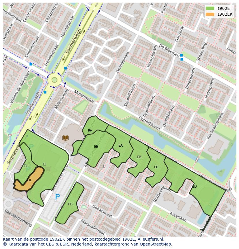 Afbeelding van het postcodegebied 1902 EK op de kaart.