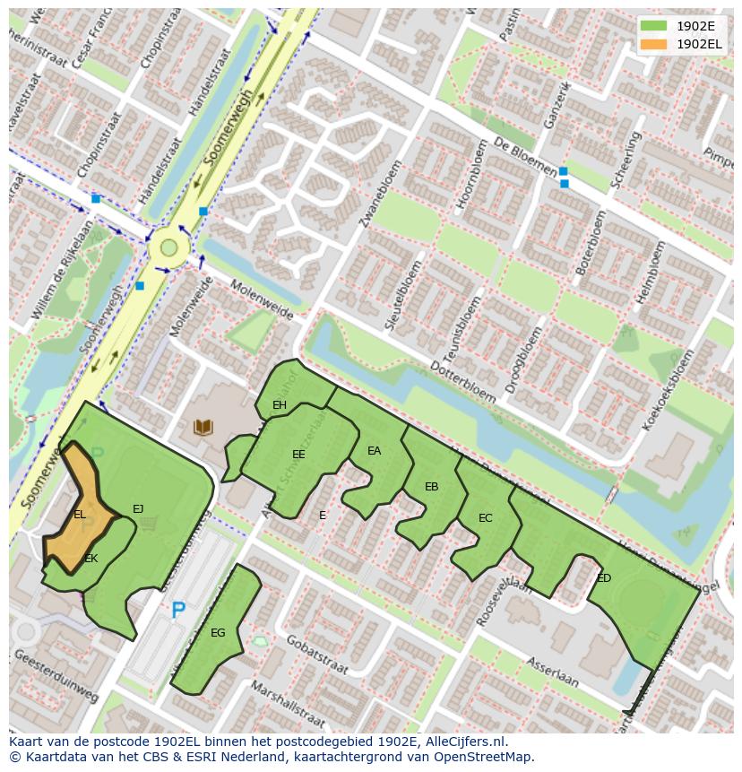 Afbeelding van het postcodegebied 1902 EL op de kaart.