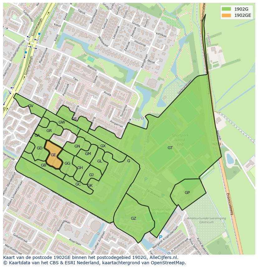 Afbeelding van het postcodegebied 1902 GE op de kaart.