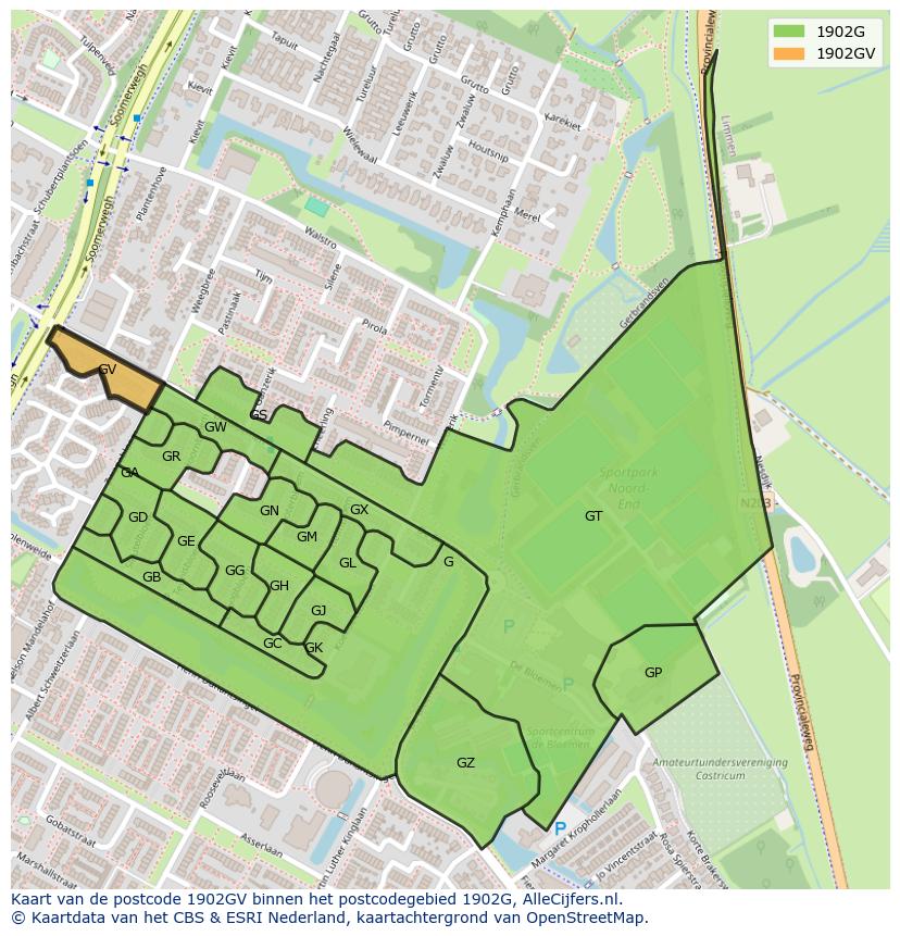 Afbeelding van het postcodegebied 1902 GV op de kaart.