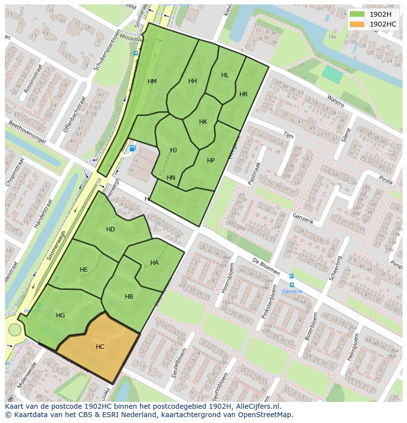 Afbeelding van het postcodegebied 1902 HC op de kaart.