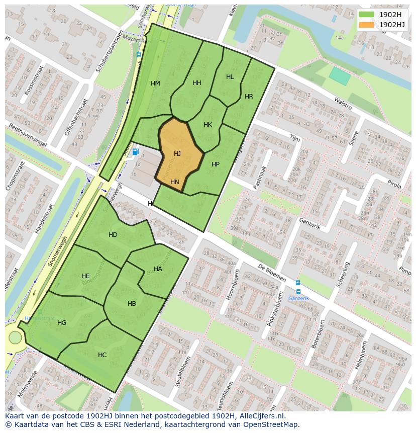 Afbeelding van het postcodegebied 1902 HJ op de kaart.