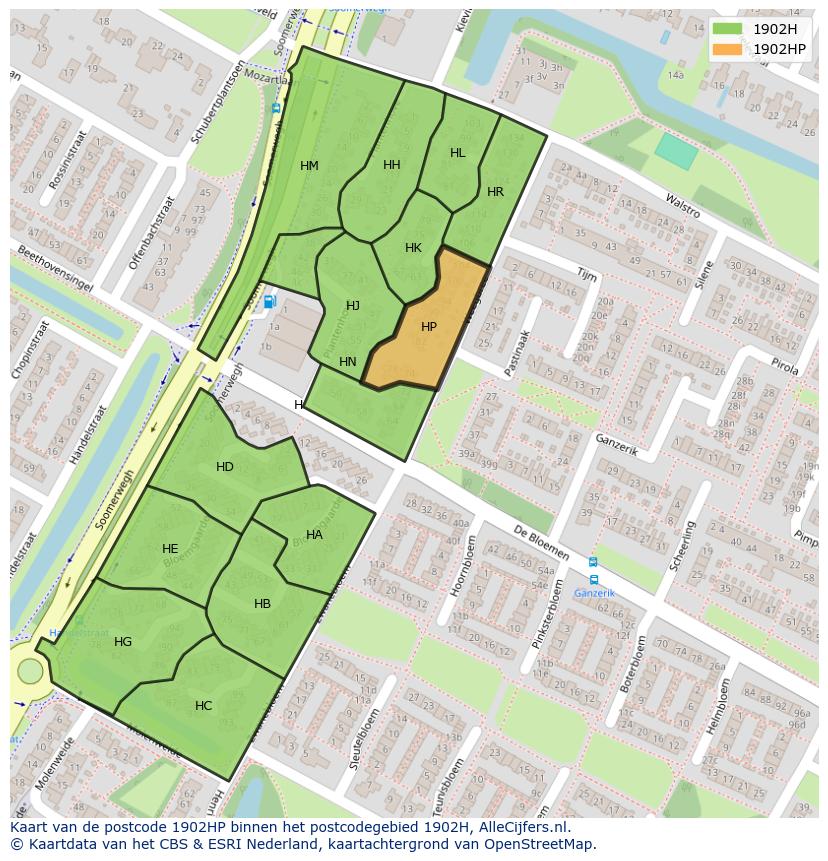 Afbeelding van het postcodegebied 1902 HP op de kaart.