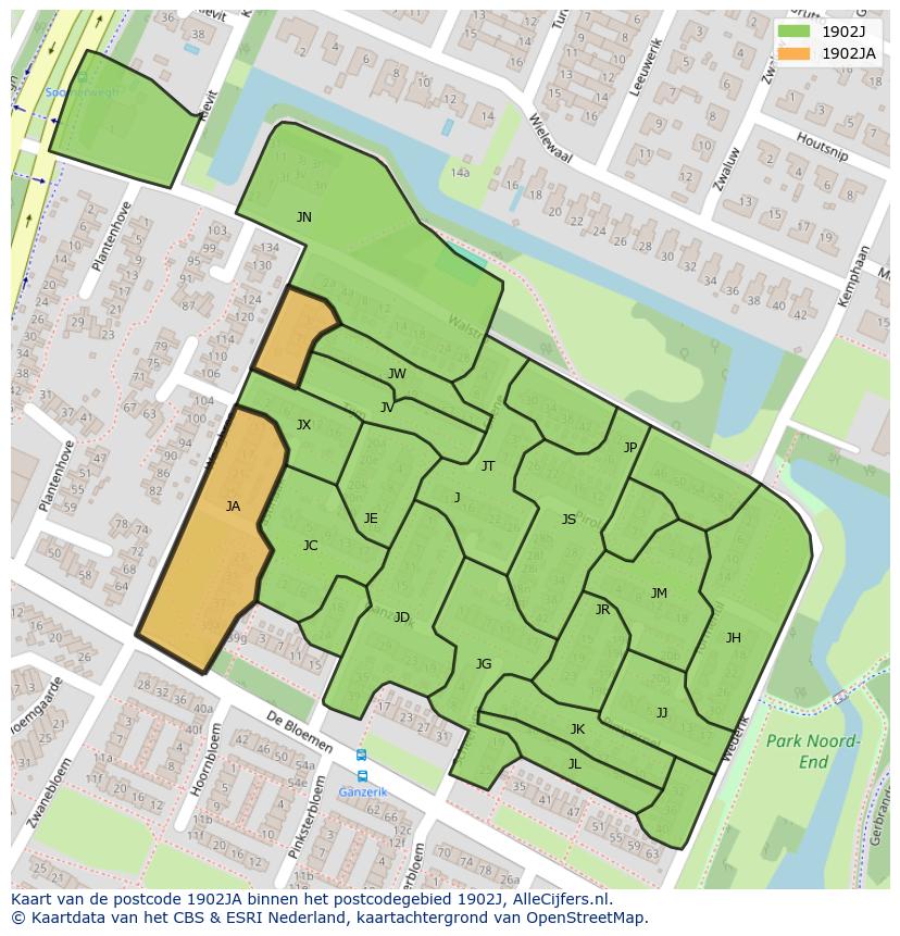 Afbeelding van het postcodegebied 1902 JA op de kaart.