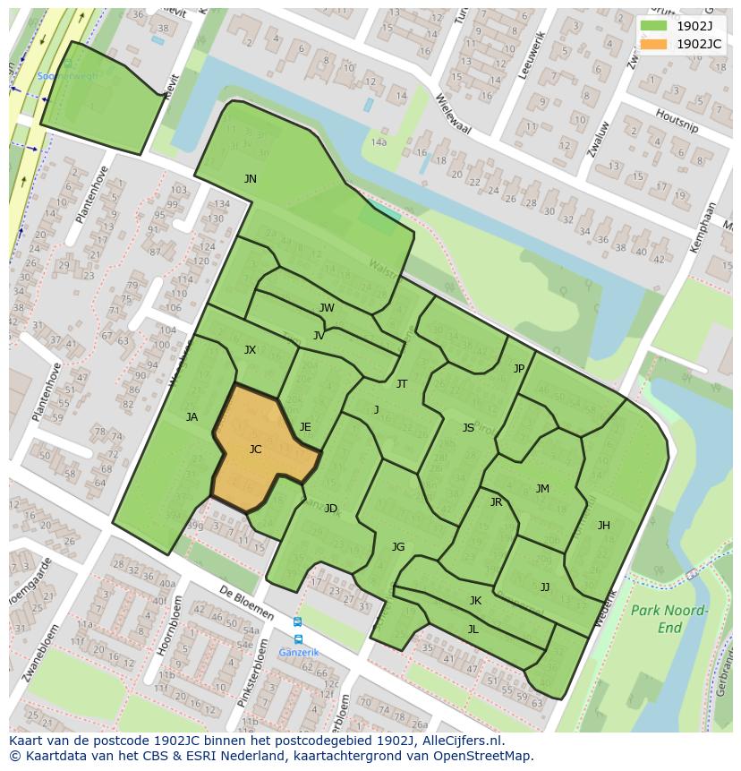 Afbeelding van het postcodegebied 1902 JC op de kaart.