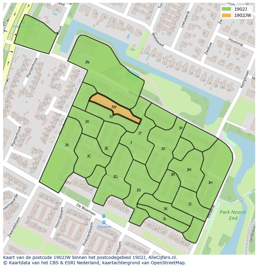 Afbeelding van het postcodegebied 1902 JW op de kaart.