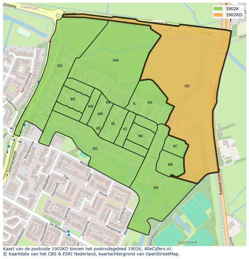 Afbeelding van het postcodegebied 1902 KD op de kaart.