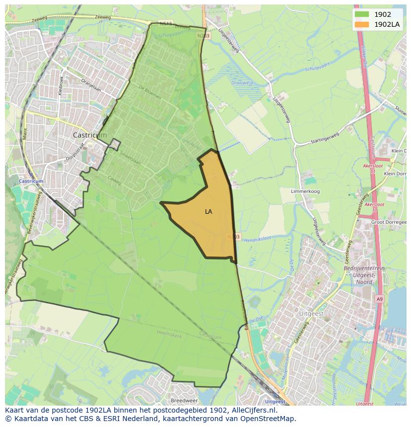 Afbeelding van het postcodegebied 1902 LA op de kaart.