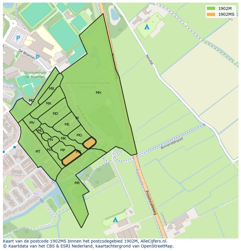 Afbeelding van het postcodegebied 1902 MS op de kaart.