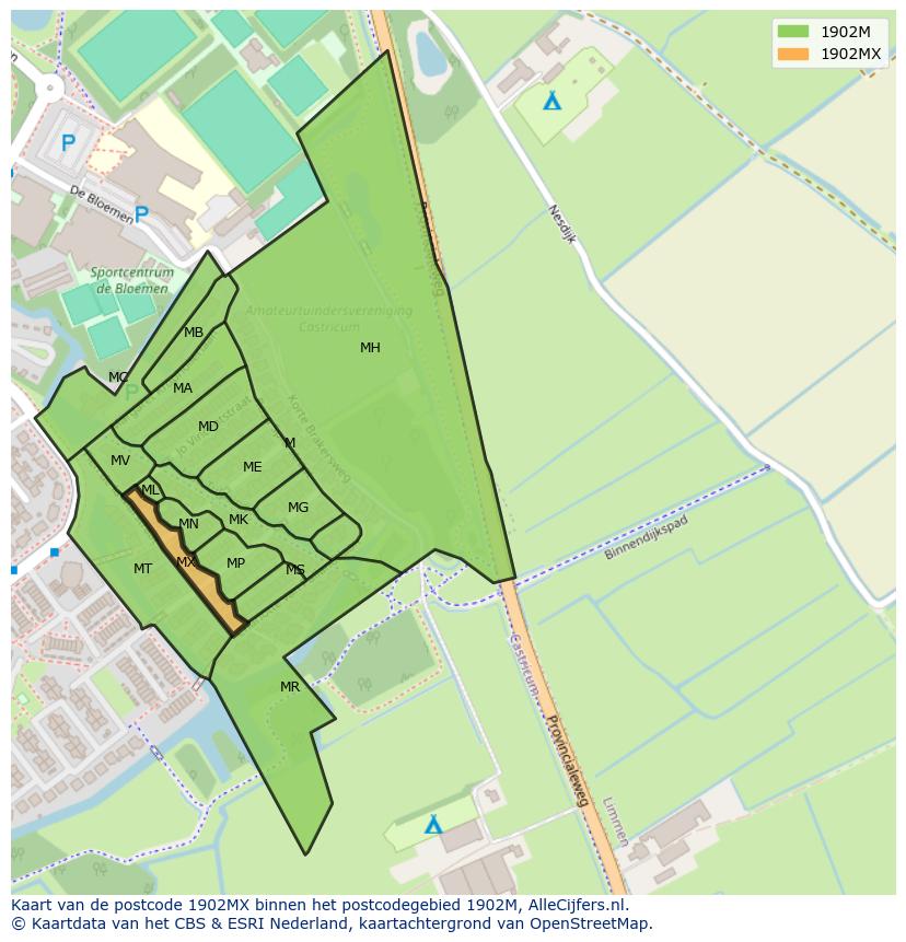 Afbeelding van het postcodegebied 1902 MX op de kaart.