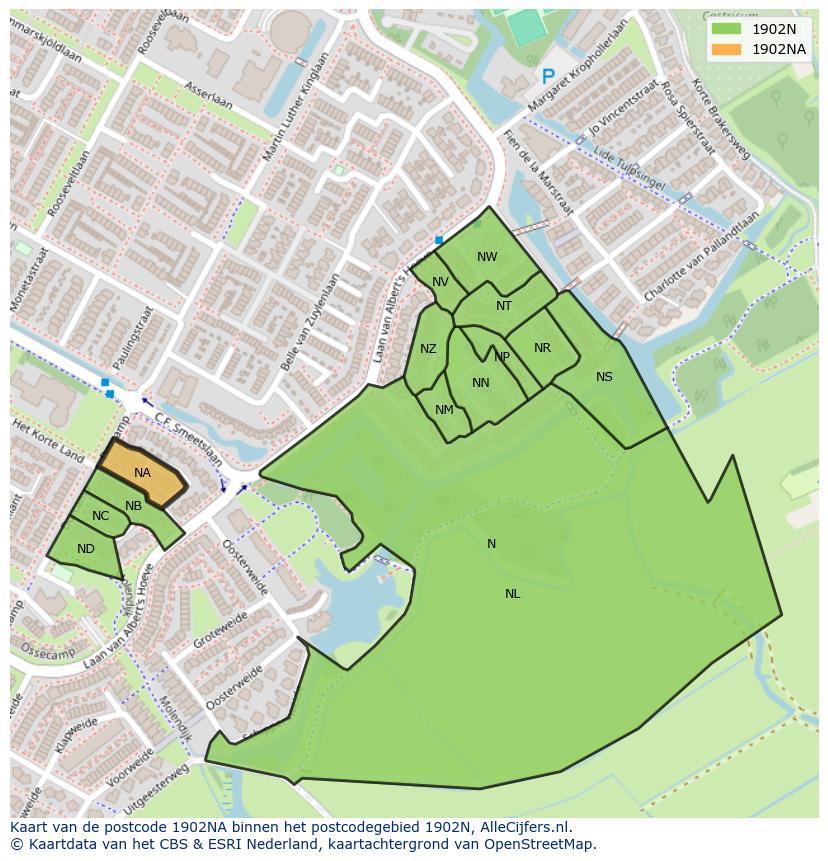 Afbeelding van het postcodegebied 1902 NA op de kaart.