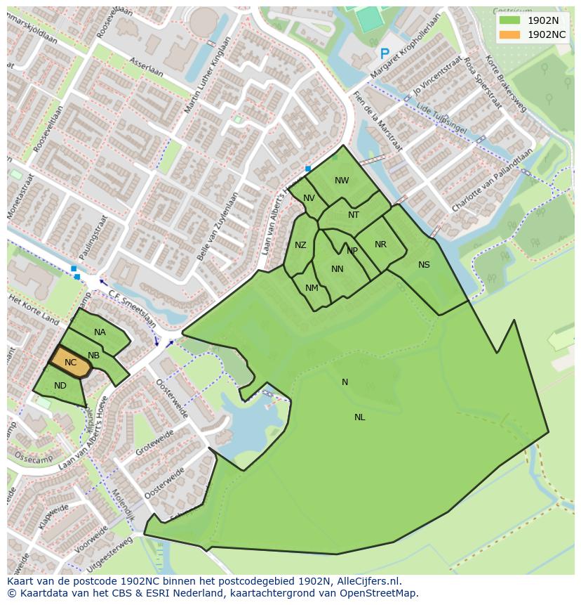Afbeelding van het postcodegebied 1902 NC op de kaart.