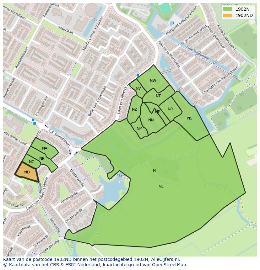 Afbeelding van het postcodegebied 1902 ND op de kaart.