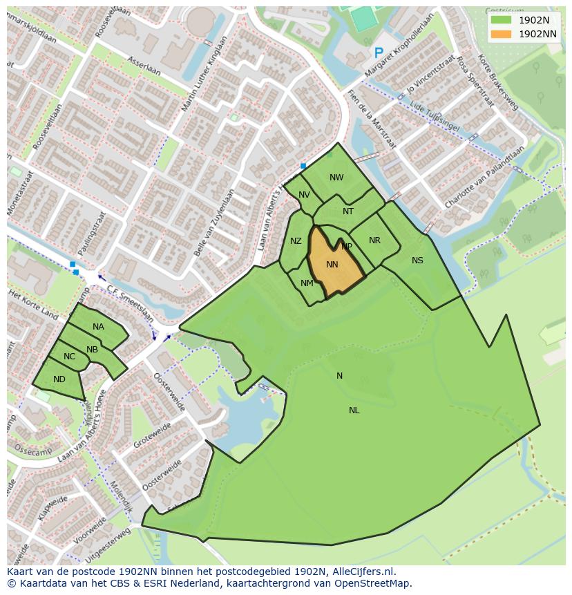 Afbeelding van het postcodegebied 1902 NN op de kaart.