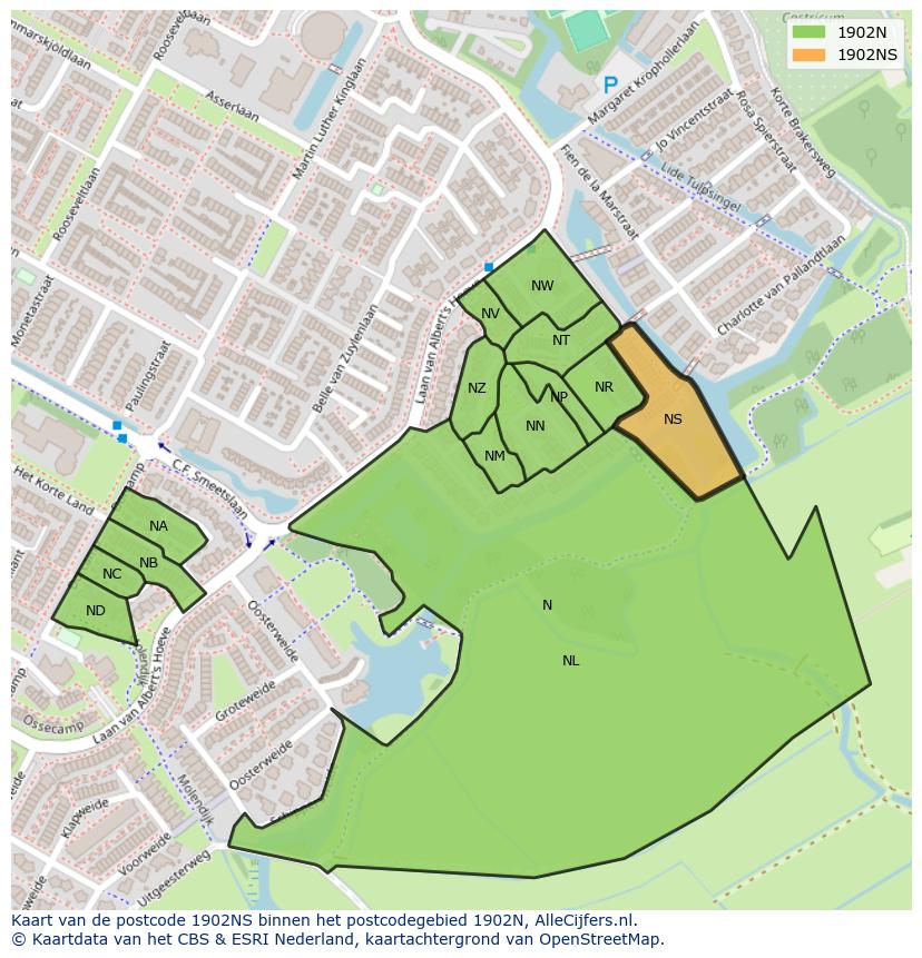 Afbeelding van het postcodegebied 1902 NS op de kaart.
