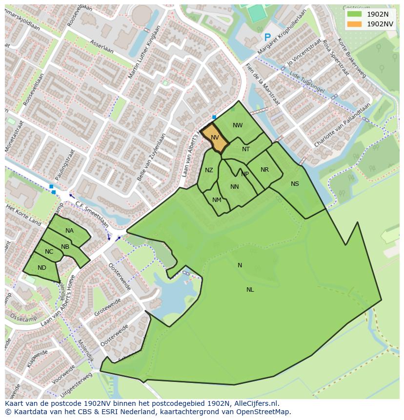 Afbeelding van het postcodegebied 1902 NV op de kaart.