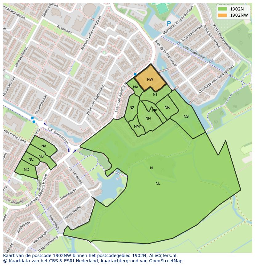 Afbeelding van het postcodegebied 1902 NW op de kaart.